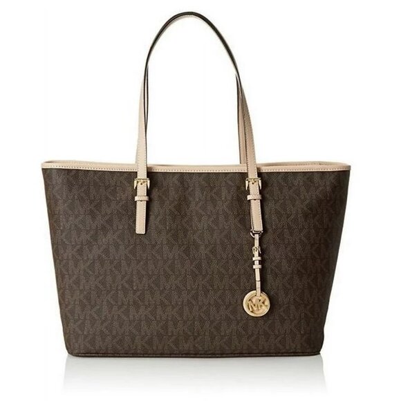 Michael Kors Purse Jet Set Signature Large Zip Up Tote Bag MK Monogram Brown Tan - Picture 2 of 12